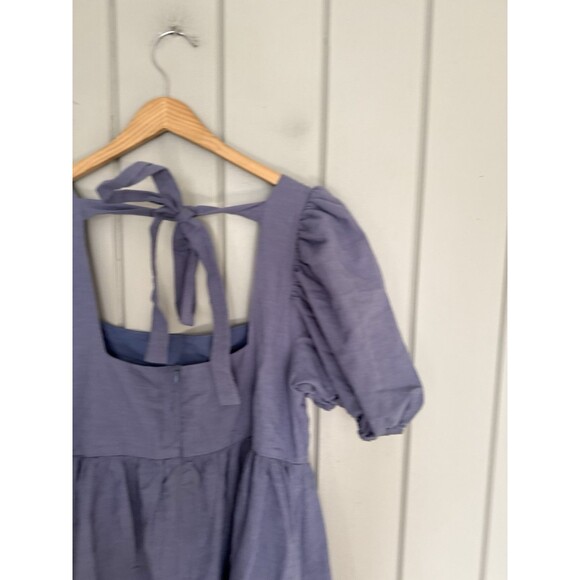 NEW Altar’d State Mini Dress M Medium Gracie Puff Sleeves Denim Blue Tie NEW - Picture 4 of 11
